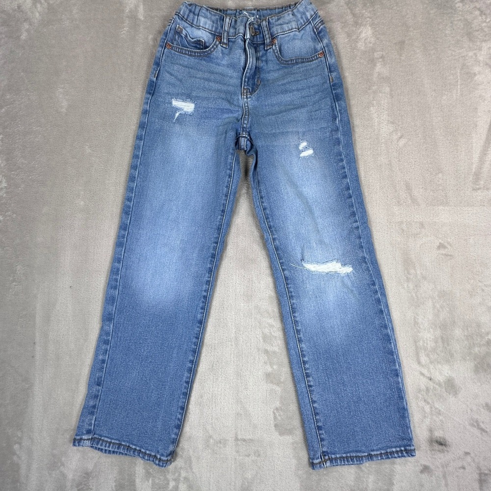 Jordache Girls Straight Leg Distressed Jeans Size 8 Medium Enzyme Blue Denim